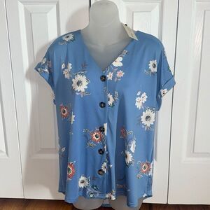 Floral button high low silky boho top shirt blouse women’s blue medium m NWT